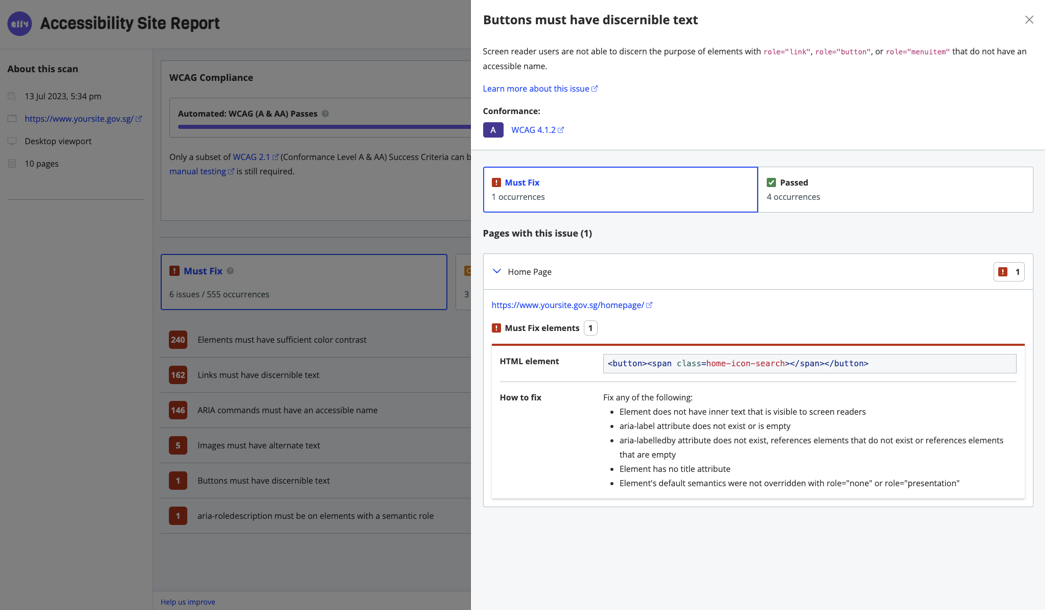 Sample screenshot illustrating how the Accessibility Site Report provides recommendations for improvements.