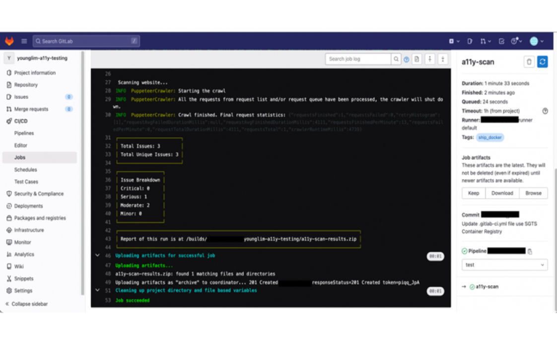 Sample screenshot of the GitLab pipeline running an accessibility scan.