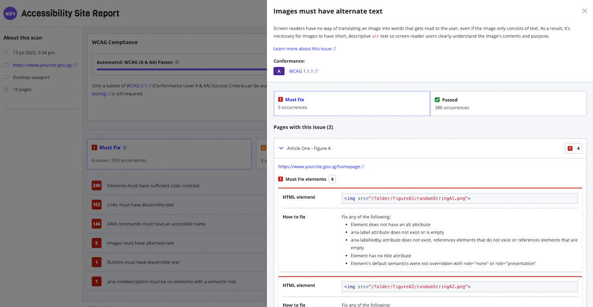 Sample screenshot of a Oobee report highlighting accessibility issues related to images that lack alt text.